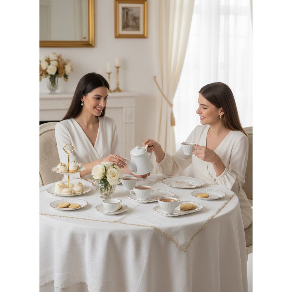 Anchor Hocking Milk Glass Snack Set Gold Trim 8PK 4 Cups & 4 Snack Plates